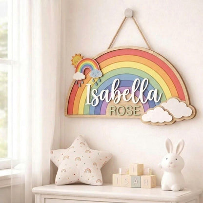 Personalized Rainbow Baby Name Sign, 3D Wooden Cloud Nursery Wall Decor, Custom Girl Door Hanger, Rainbow Baby Shower Gift for Nursery Decor