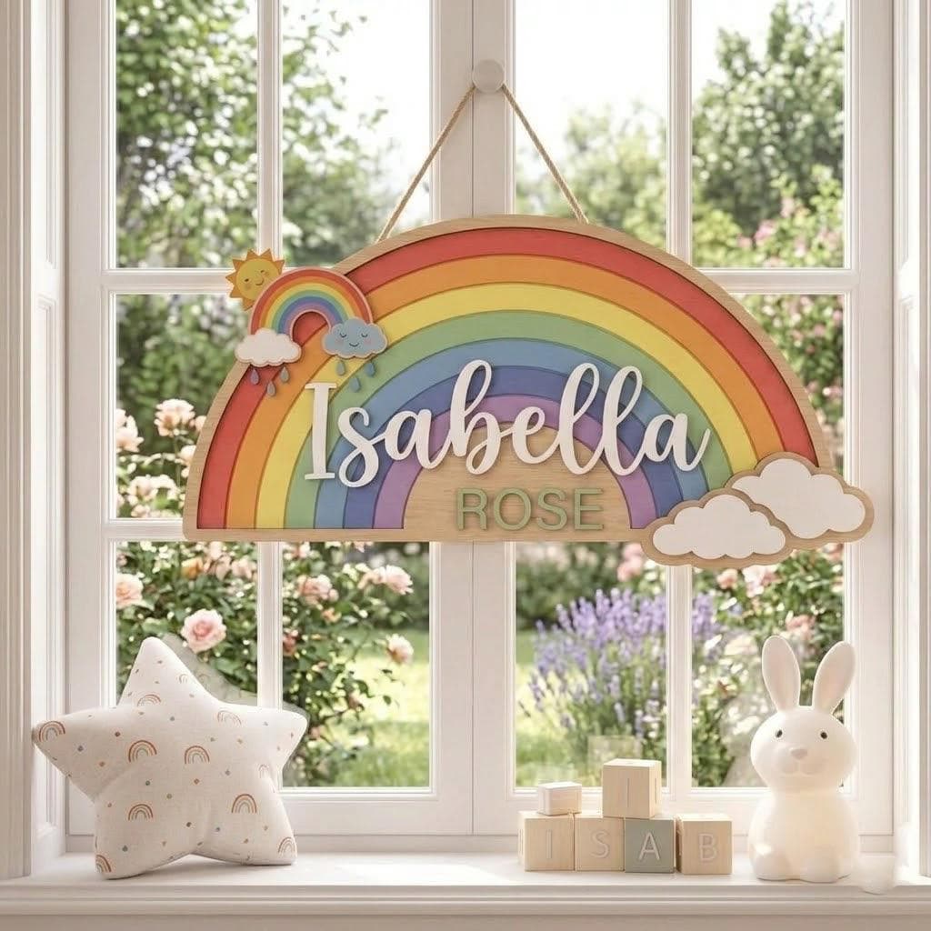 Personalized Rainbow Baby Name Sign, 3D Wooden Cloud Nursery Wall Decor, Custom Girl Door Hanger, Rainbow Baby Shower Gift for Nursery Decor