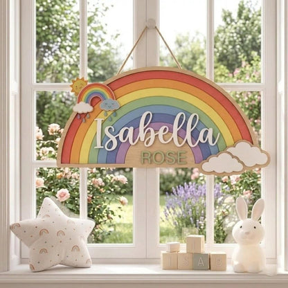 Personalized Rainbow Baby Name Sign, 3D Wooden Cloud Nursery Wall Decor, Custom Girl Door Hanger, Rainbow Baby Shower Gift for Nursery Decor