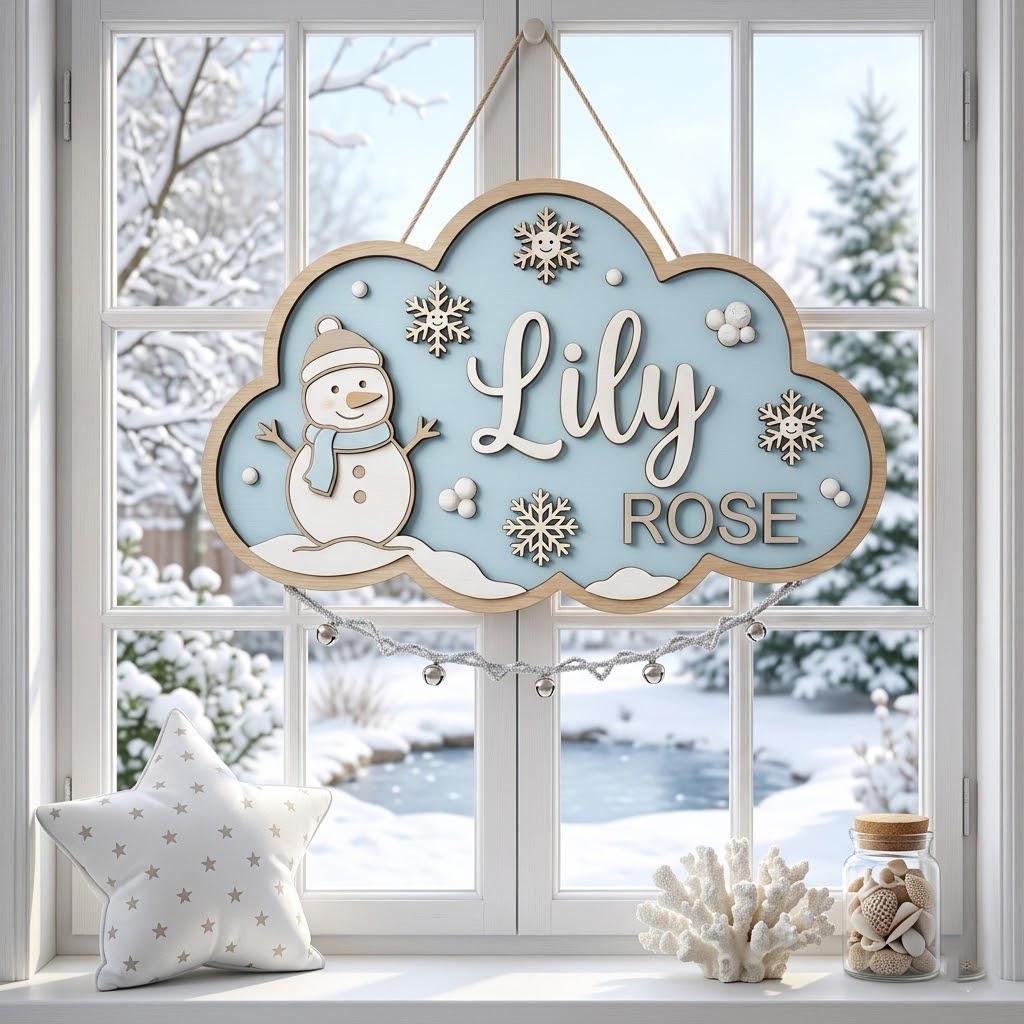 Personalized Snowman Baby Name Sign, 3D Wooden Winter Nursery Wall Decor, Custom Girl Door Hanger, Christmas Baby Shower Gift for Baby Girls