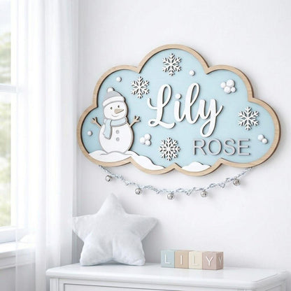 Personalized Snowman Baby Name Sign, 3D Wooden Winter Nursery Wall Decor, Custom Girl Door Hanger, Christmas Baby Shower Gift for Baby Girls