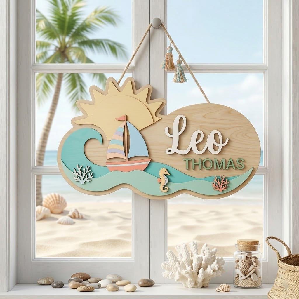 Custom Ocean Baby Name Sign 3D Wooden Sailboat Nursery Wall Decor, Custom Boy Door Hanger, Nautical Baby Shower Gift for Boys Room Art