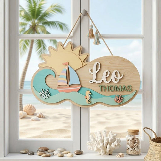 Custom Ocean Baby Name Sign 3D Wooden Sailboat Nursery Wall Decor, Custom Boy Door Hanger, Nautical Baby Shower Gift for Boys Room Art
