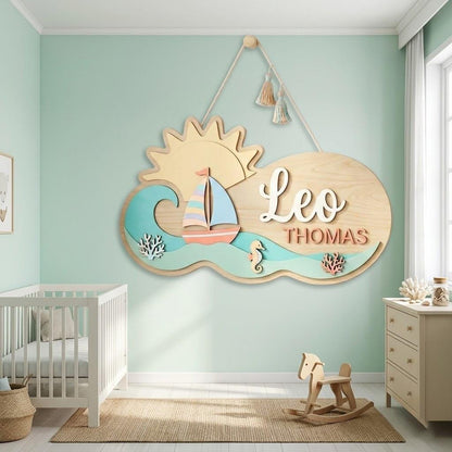 Custom Ocean Baby Name Sign 3D Wooden Sailboat Nursery Wall Decor, Custom Boy Door Hanger, Nautical Baby Shower Gift for Boys Room Art
