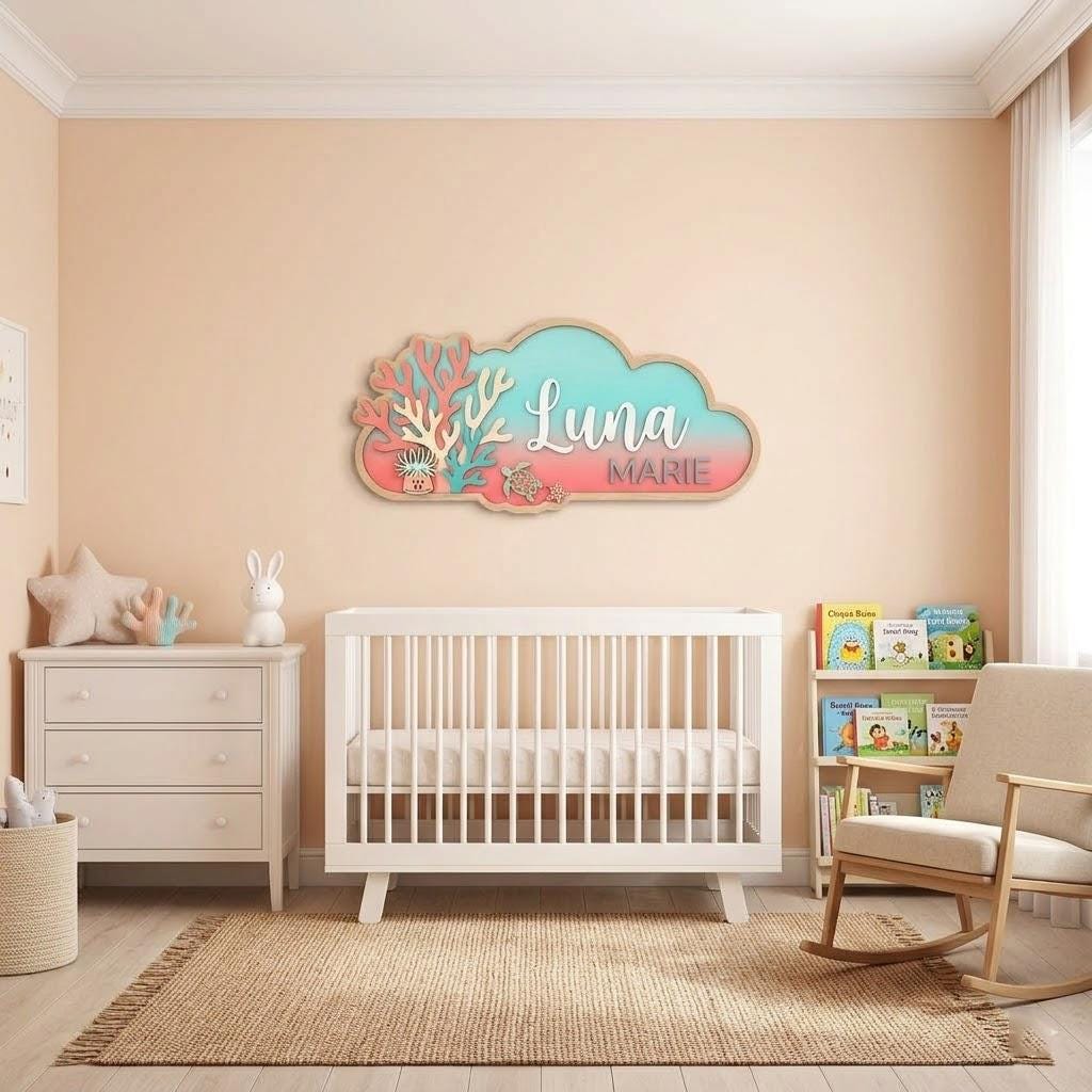 Personalized Coral Reef Baby Name Sign, 3D Wooden Ocean Nursery Wall Decor, Custom Girl Door Hanger, Sea Turtle Baby Shower Gift, Girls Room