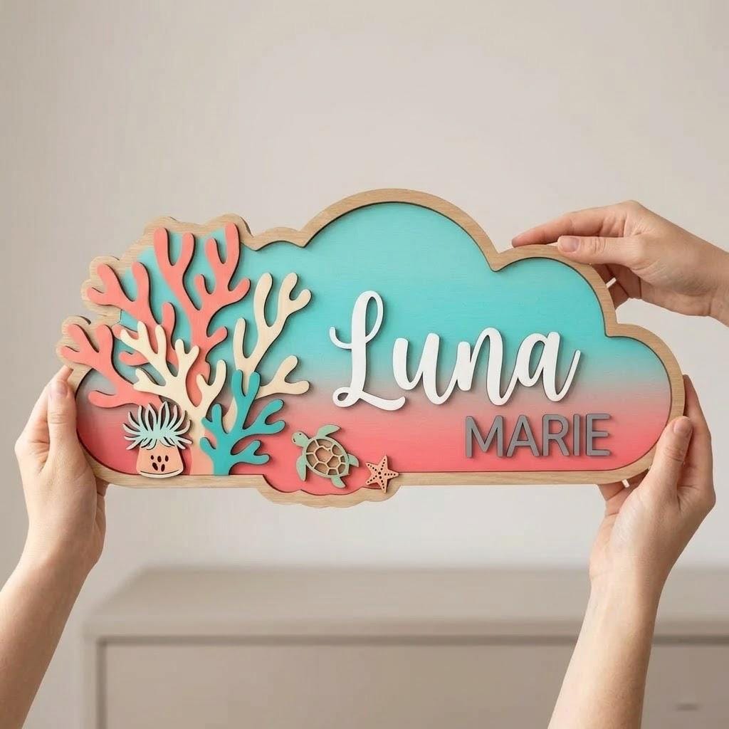 Personalized Coral Reef Baby Name Sign, 3D Wooden Ocean Nursery Wall Decor, Custom Girl Door Hanger, Sea Turtle Baby Shower Gift, Girls Room