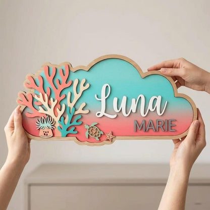 Personalized Coral Reef Baby Name Sign, 3D Wooden Ocean Nursery Wall Decor, Custom Girl Door Hanger, Sea Turtle Baby Shower Gift, Girls Room