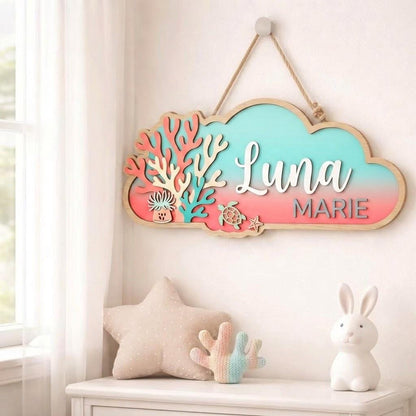 Personalized Coral Reef Baby Name Sign, 3D Wooden Ocean Nursery Wall Decor, Custom Girl Door Hanger, Sea Turtle Baby Shower Gift, Girls Room