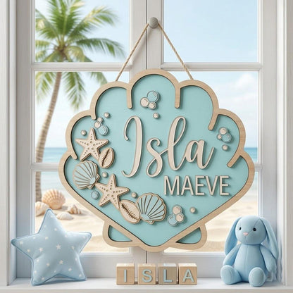 Personalized Seashell Baby Name Sign, 3D Wooden Ocean Nursery Wall Decor, Custom Girl Door Hanger, Beach Baby Shower Gift for Girls Room Art