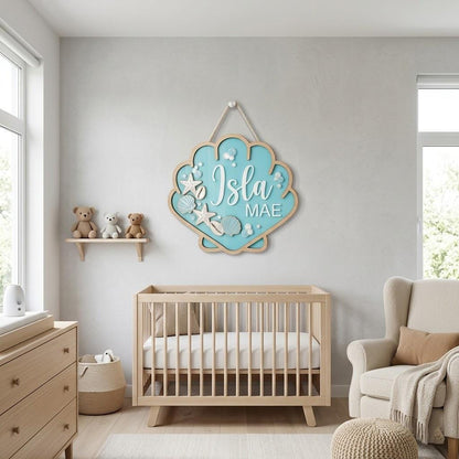 Personalized Seashell Baby Name Sign, 3D Wooden Ocean Nursery Wall Decor, Custom Girl Door Hanger, Beach Baby Shower Gift for Girls Room Art