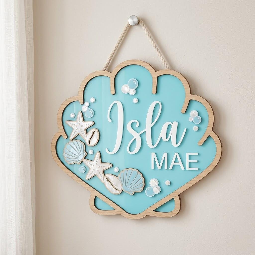Personalized Seashell Baby Name Sign, 3D Wooden Ocean Nursery Wall Decor, Custom Girl Door Hanger, Beach Baby Shower Gift for Girls Room Art