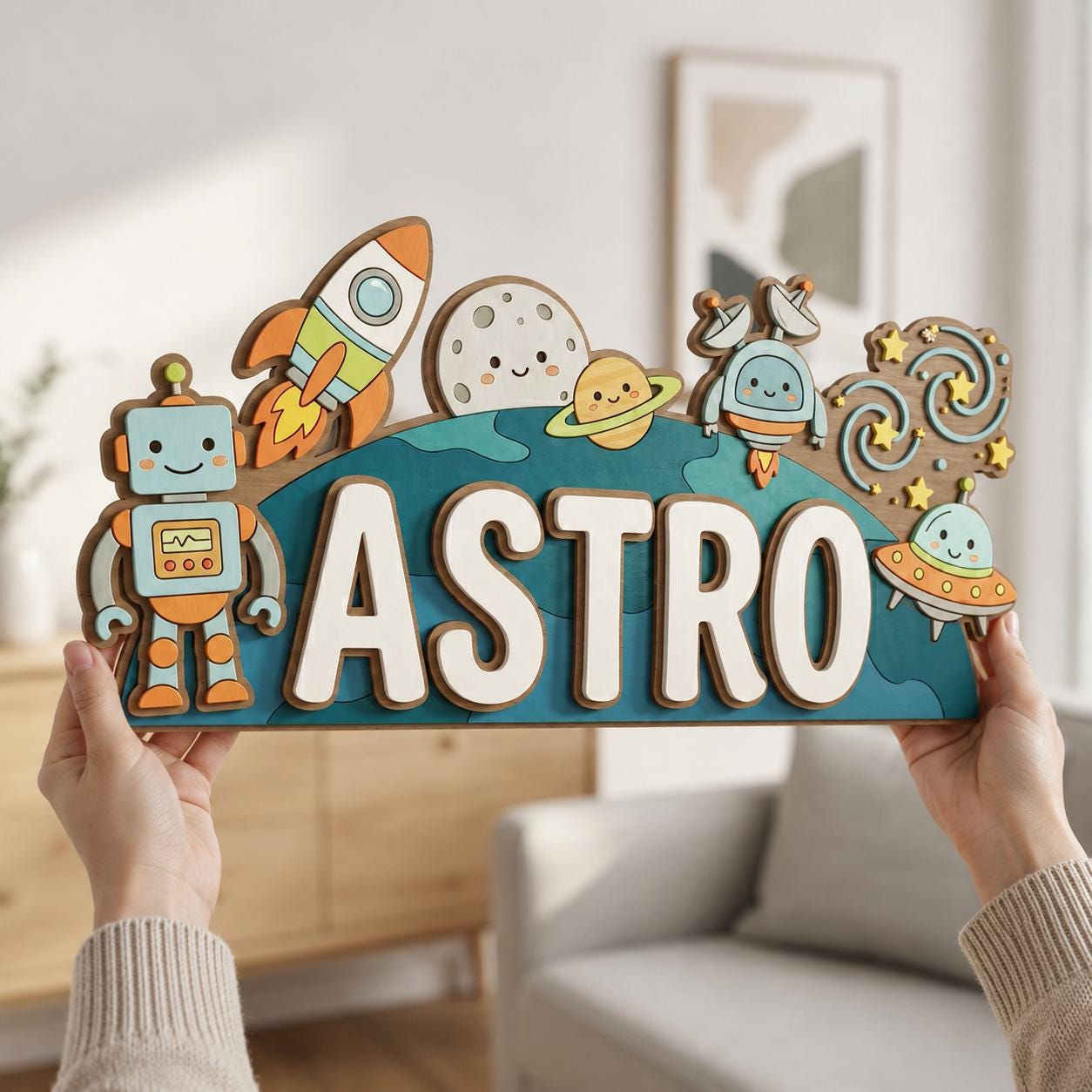 Personalized Robot Space Baby Name Sign, 3D Wooden Rocket Nursery Wall Decor, Custom Kids Door Hanger, Astronaut Baby Shower Gift Room Art
