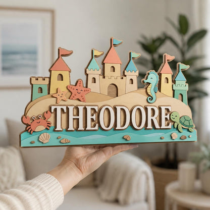 Personalized Sandcastle Baby Name Sign, 3D Wooden Beach Nursery Wall Decor, Custom Ocean Door Hanger, Coastal Baby Shower Gift, Kids Name