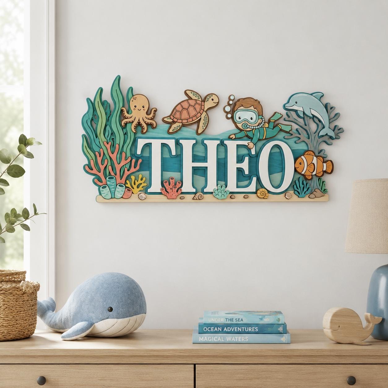 Personalized Under The Sea Baby Name Sign, 3D Wooden Ocean Nursery Wall Decor, Custom Boy Door Hanger, Diver Baby Shower Gift for Boys Room