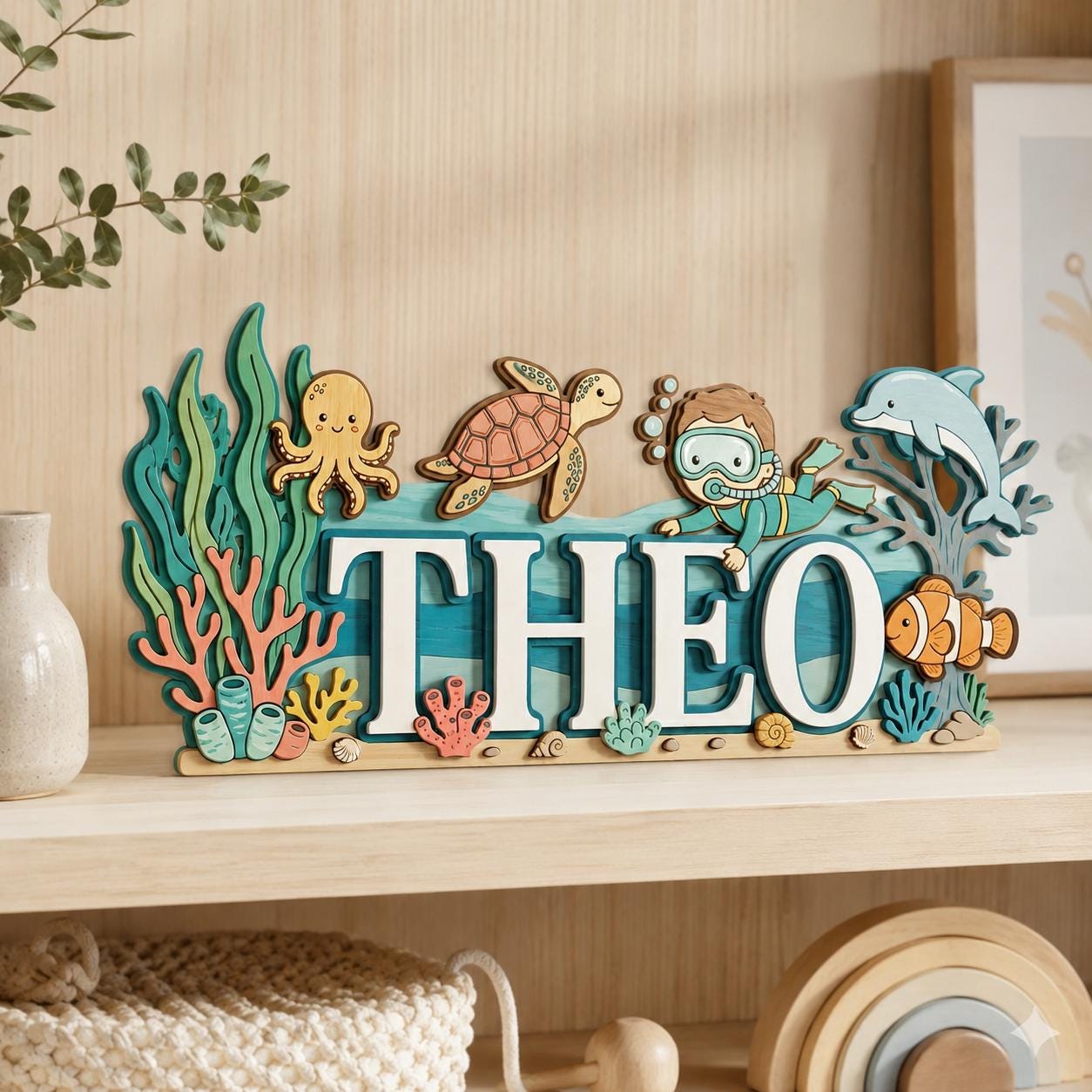 Personalized Under The Sea Baby Name Sign, 3D Wooden Ocean Nursery Wall Decor, Custom Boy Door Hanger, Diver Baby Shower Gift for Boys Room