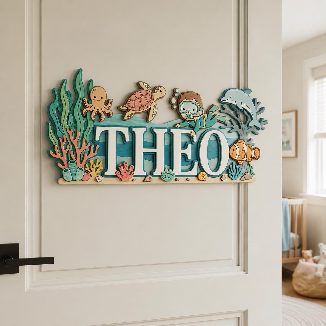 Personalized Under The Sea Baby Name Sign, 3D Wooden Ocean Nursery Wall Decor, Custom Boy Door Hanger, Diver Baby Shower Gift for Boys Room