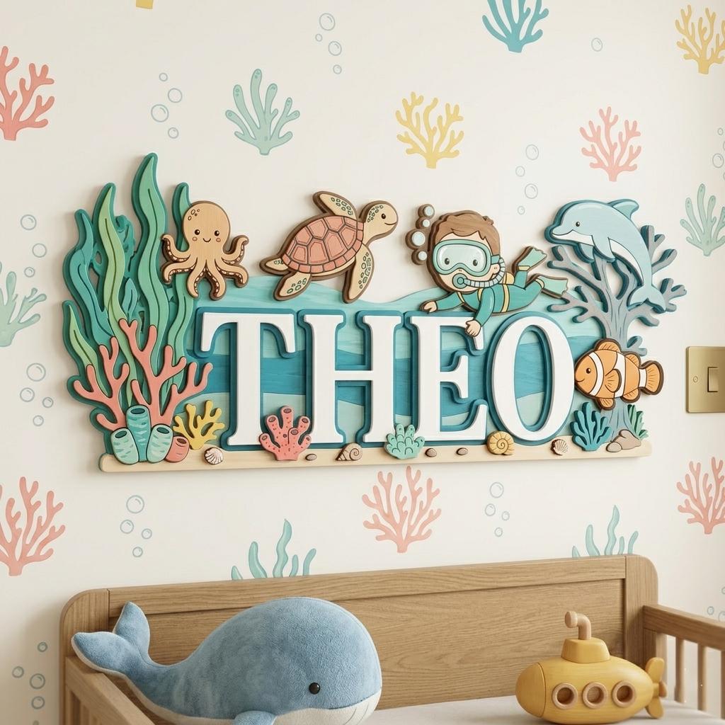 Personalized Under The Sea Baby Name Sign, 3D Wooden Ocean Nursery Wall Decor, Custom Boy Door Hanger, Diver Baby Shower Gift for Boys Room