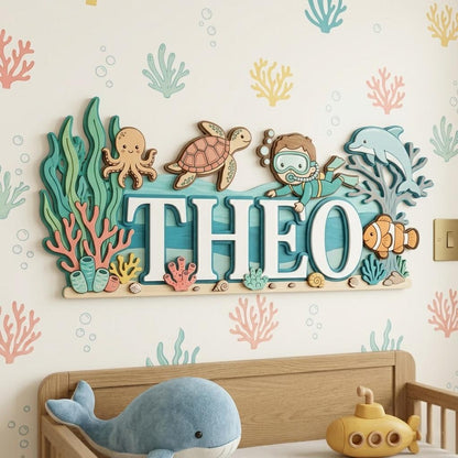Personalized Under The Sea Baby Name Sign, 3D Wooden Ocean Nursery Wall Decor, Custom Boy Door Hanger, Diver Baby Shower Gift for Boys Room