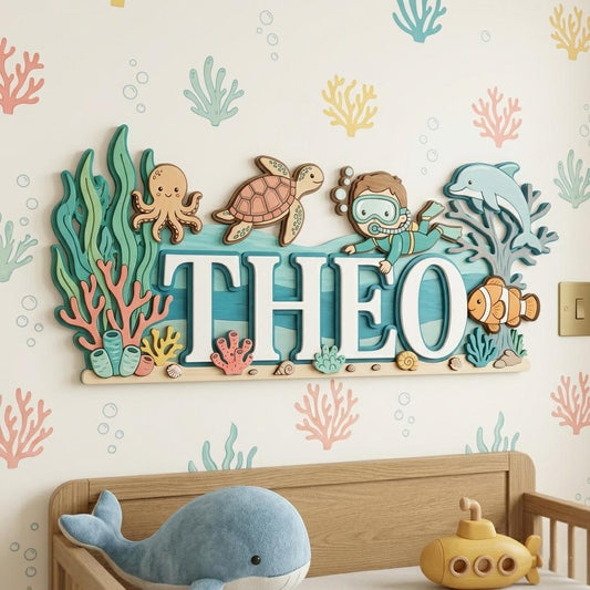 Personalized Under The Sea Baby Name Sign, 3D Wooden Ocean Nursery Wall Decor, Custom Boy Door Hanger, Diver Baby Shower Gift for Boys Room