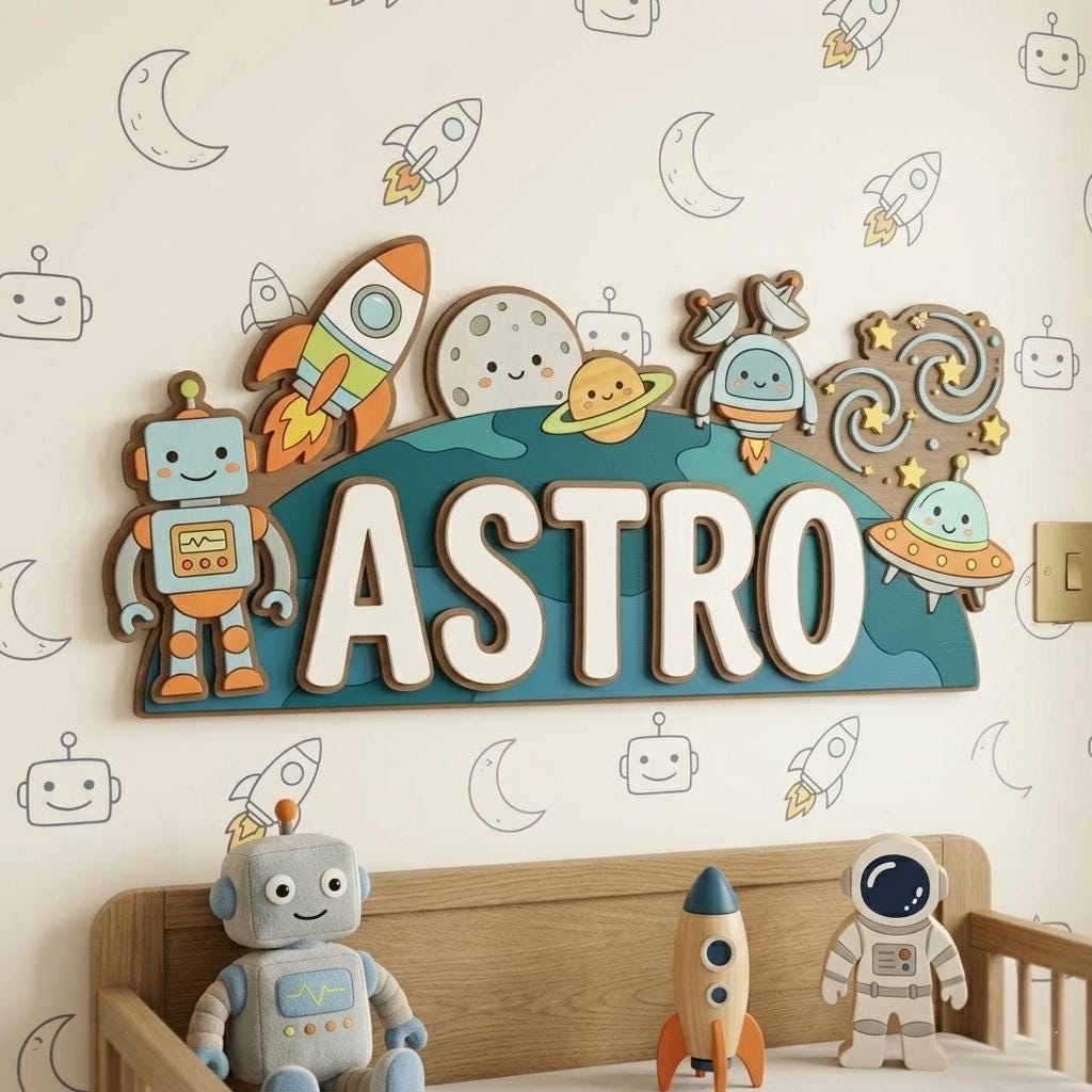 Personalized Robot Space Baby Name Sign, 3D Wooden Rocket Nursery Wall Decor, Custom Kids Door Hanger, Astronaut Baby Shower Gift Room Art