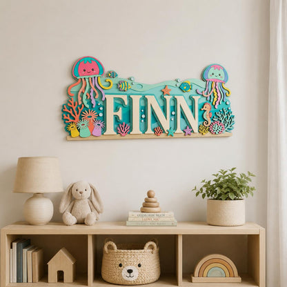 Personalized Jellyfish Baby Name Sign, Wooden Ocean Nursery Wall Decor, Custom Kids Door Hanger, Under Sea Baby Shower Gift Nursery Wall Art