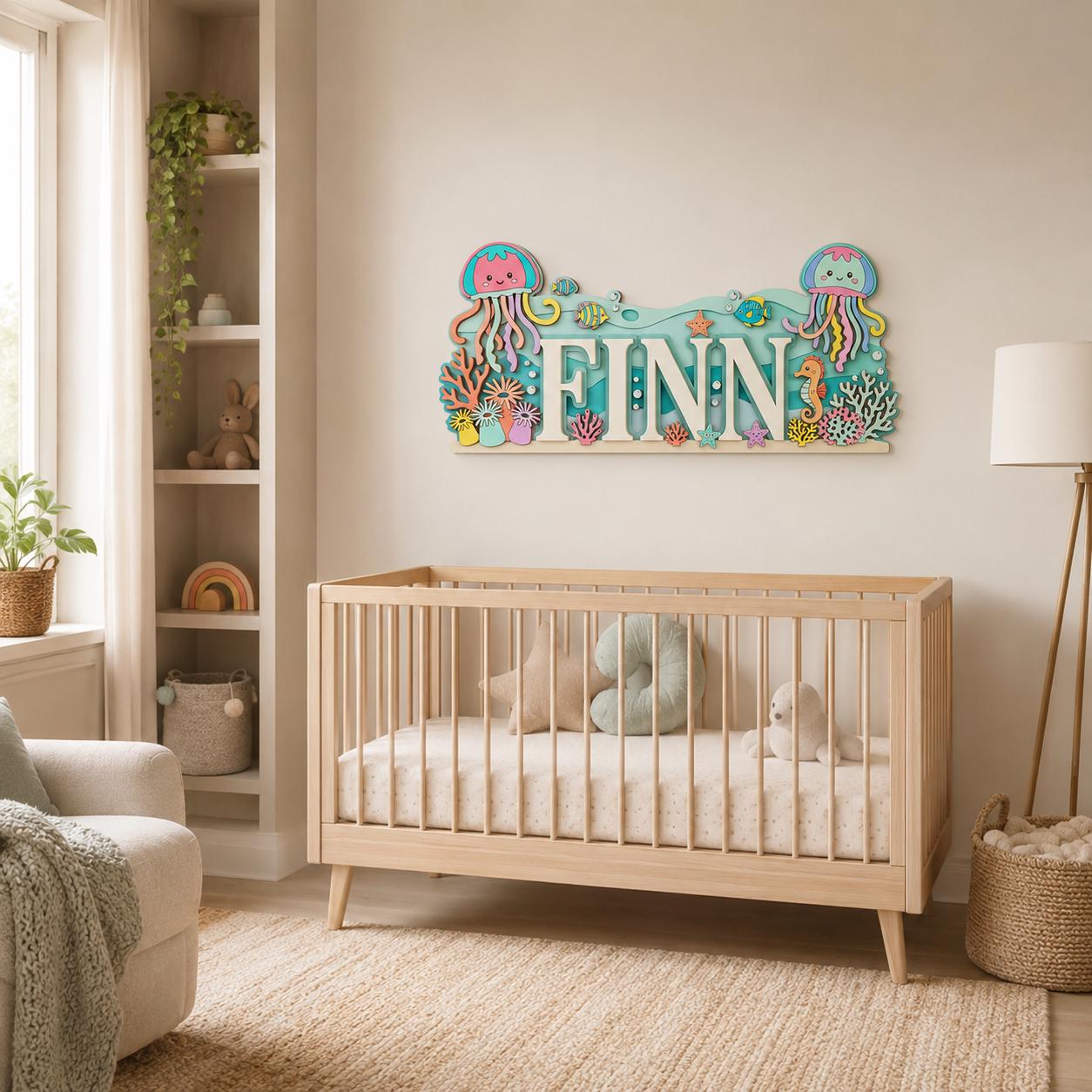Personalized Jellyfish Baby Name Sign, Wooden Ocean Nursery Wall Decor, Custom Kids Door Hanger, Under Sea Baby Shower Gift Nursery Wall Art