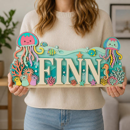 Personalized Jellyfish Baby Name Sign, Wooden Ocean Nursery Wall Decor, Custom Kids Door Hanger, Under Sea Baby Shower Gift Nursery Wall Art