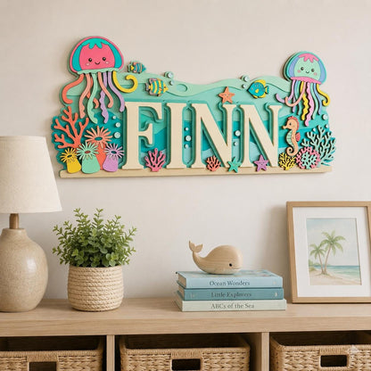 Personalized Jellyfish Baby Name Sign, Wooden Ocean Nursery Wall Decor, Custom Kids Door Hanger, Under Sea Baby Shower Gift Nursery Wall Art