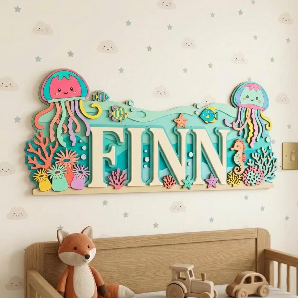 Personalized Jellyfish Baby Name Sign, Wooden Ocean Nursery Wall Decor, Custom Kids Door Hanger, Under Sea Baby Shower Gift Nursery Wall Art