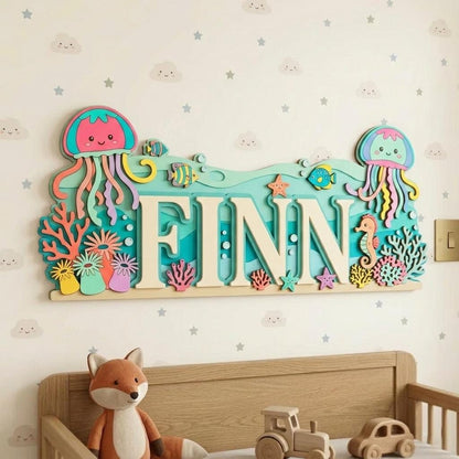 Personalized Jellyfish Baby Name Sign, Wooden Ocean Nursery Wall Decor, Custom Kids Door Hanger, Under Sea Baby Shower Gift Nursery Wall Art