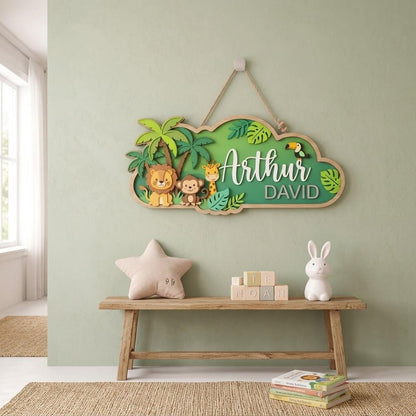 Safari Jungle Nursery Name Sign, 3D Wooden Baby Door Hanger, Personalized Lion Monkey Wall Decor, Baby Boy Room Door Sign, Newborn Gift Sign