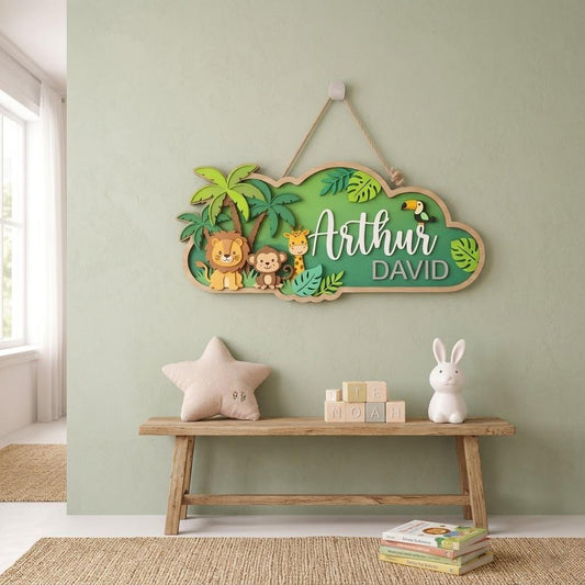 Safari Jungle Nursery Name Sign, 3D Wooden Baby Door Hanger, Personalized Lion Monkey Wall Decor, Baby Boy Room Door Sign, Newborn Gift Sign