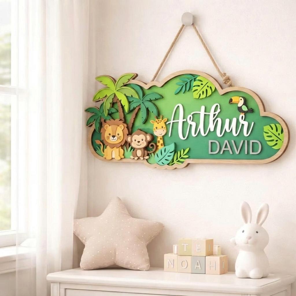 Safari Jungle Nursery Name Sign, 3D Wooden Baby Door Hanger, Personalized Lion Monkey Wall Decor, Baby Boy Room Door Sign, Newborn Gift Sign