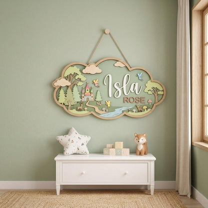 Personalized Fairy Forest Nursery Name Sign, 3D Wooden Baby Door Hanger, Woodland Castle Wall Decor, Baby Girl Room Decor Gift Sign