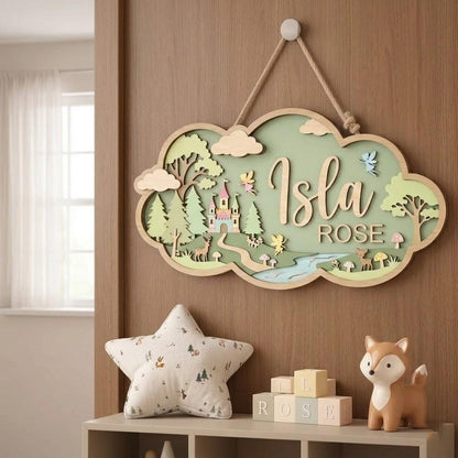 Personalized Fairy Forest Nursery Name Sign, 3D Wooden Baby Door Hanger, Woodland Castle Wall Decor, Baby Girl Room Decor Gift Sign
