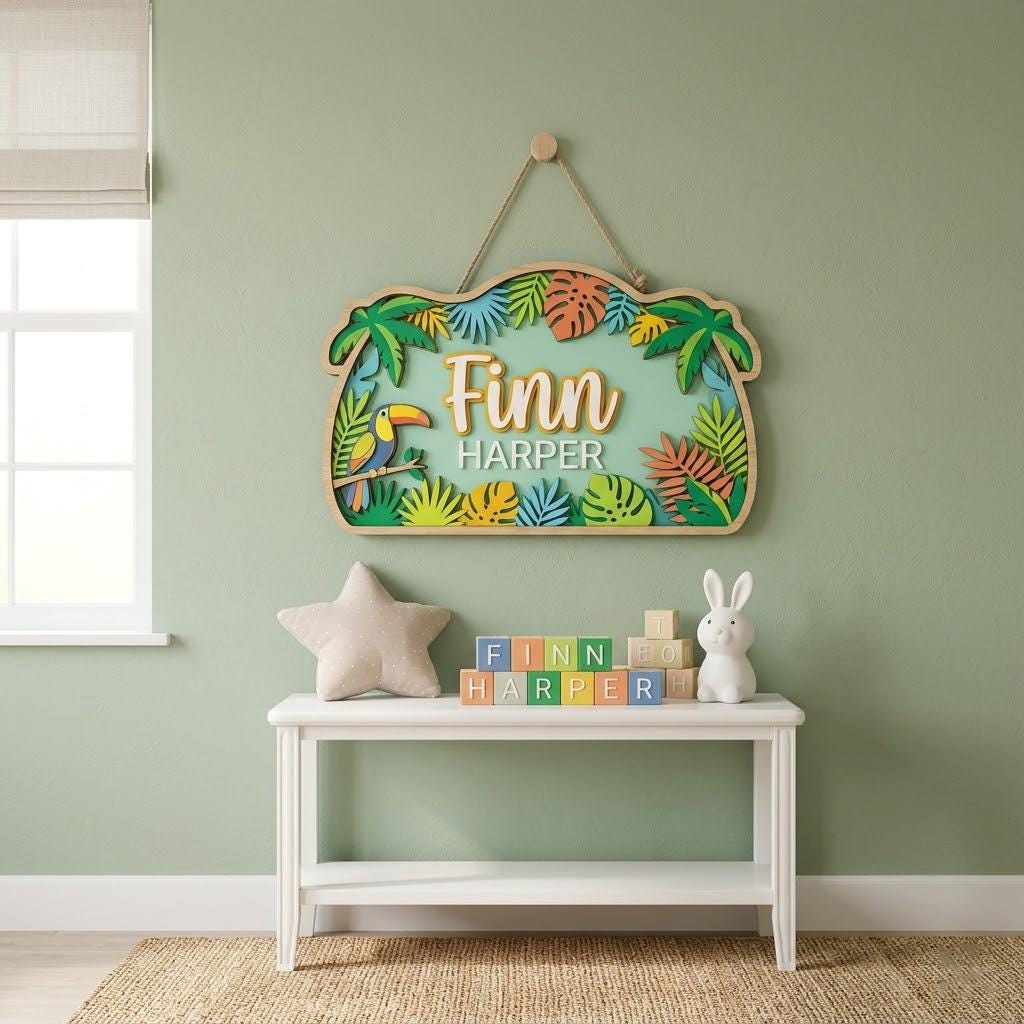 Personalized Tropical Jungle Nursery Name Sign, 3D Wooden Baby Door Hanger, CustomToucan Palm Leaf Wall Decor, Baby Boy Room Decor Gift Sign