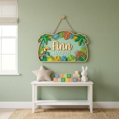 Personalized Tropical Jungle Nursery Name Sign, 3D Wooden Baby Door Hanger, CustomToucan Palm Leaf Wall Decor, Baby Boy Room Decor Gift Sign