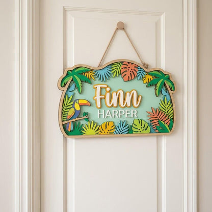 Personalized Tropical Jungle Nursery Name Sign, 3D Wooden Baby Door Hanger, CustomToucan Palm Leaf Wall Decor, Baby Boy Room Decor Gift Sign