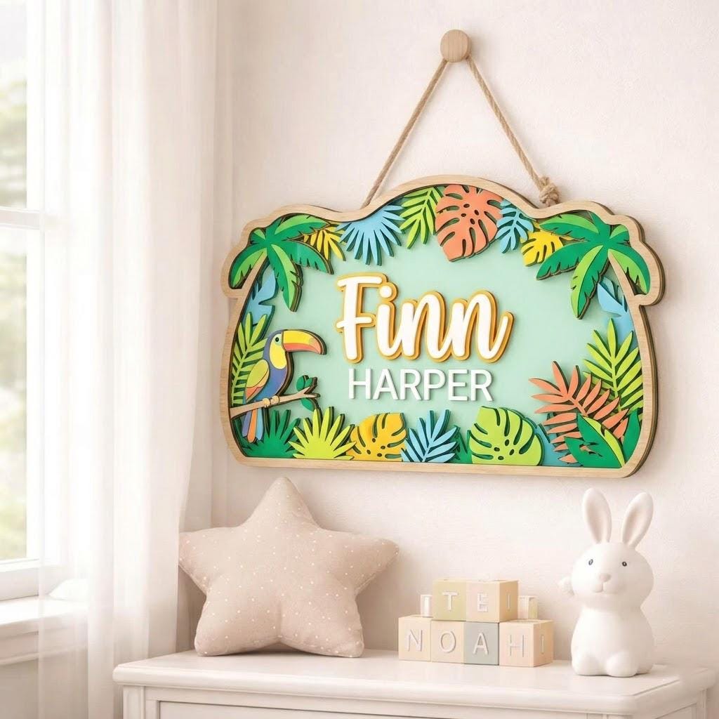Personalized Tropical Jungle Nursery Name Sign, 3D Wooden Baby Door Hanger, CustomToucan Palm Leaf Wall Decor, Baby Boy Room Decor Gift Sign