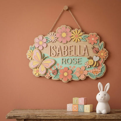 Personalized Butterfly Baby Name Sign, 3D Wooden Floral Nursery Wall Decor, Baby Girl Door Hanger, Custom Newborn Baby Shower Gift for Girls