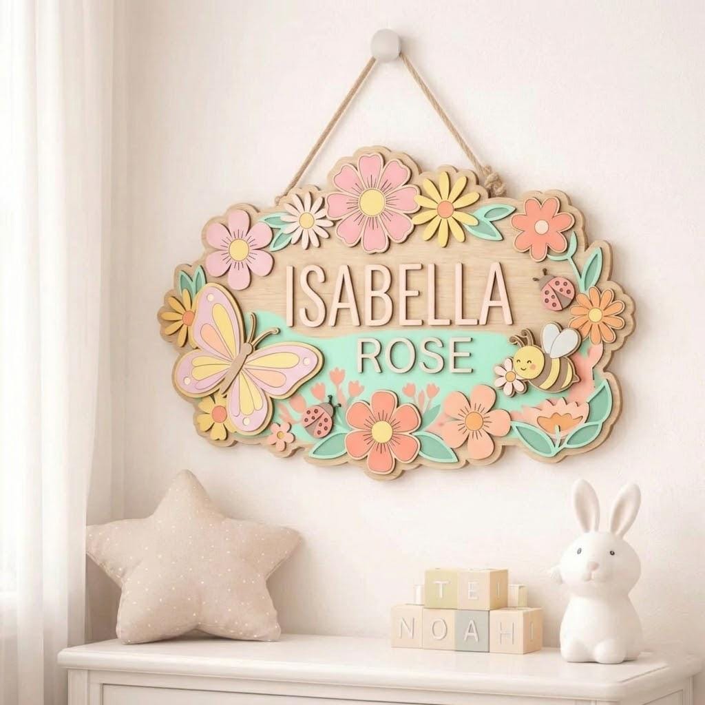 Personalized Butterfly Baby Name Sign, 3D Wooden Floral Nursery Wall Decor, Baby Girl Door Hanger, Custom Newborn Baby Shower Gift for Girls
