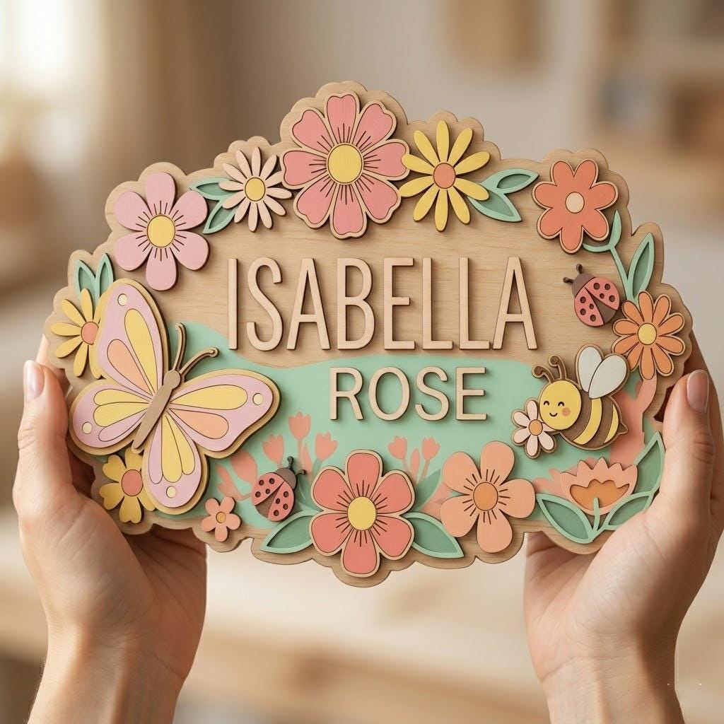 Personalized Butterfly Baby Name Sign, 3D Wooden Floral Nursery Wall Decor, Baby Girl Door Hanger, Custom Newborn Baby Shower Gift for Girls