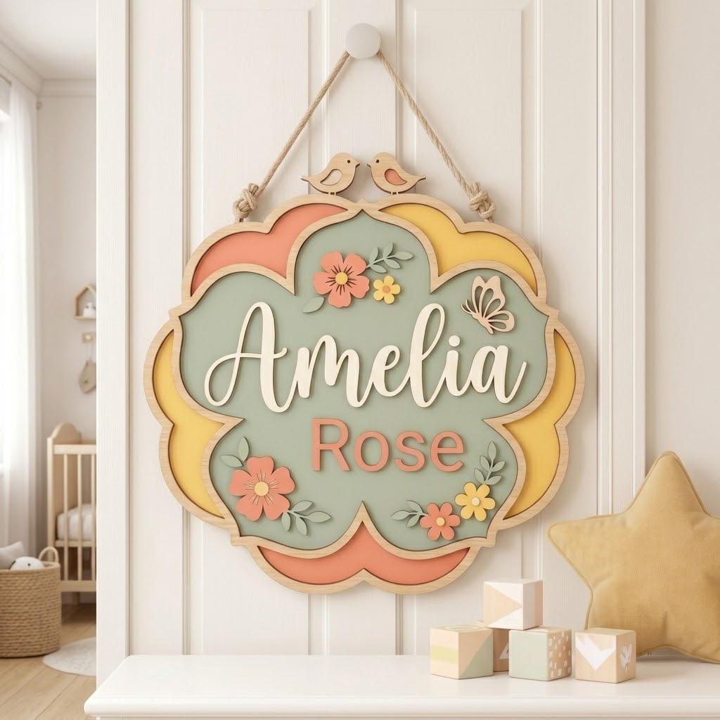 Personalized Baby Name Sign, 3D Wooden Floral Nursery Wall Decor, Custom Girl Door Hanger, Bird Butterfly Newborn Baby Shower Gift For Girls