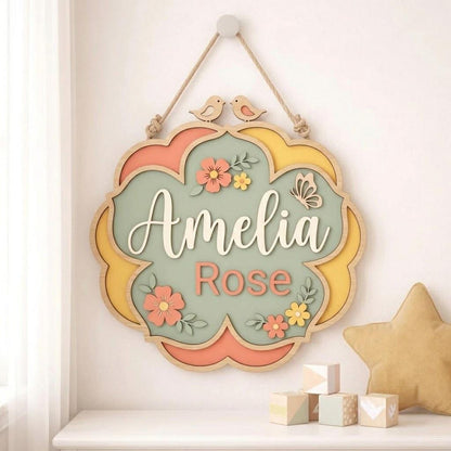 Personalized Baby Name Sign, 3D Wooden Floral Nursery Wall Decor, Custom Girl Door Hanger, Bird Butterfly Newborn Baby Shower Gift For Girls