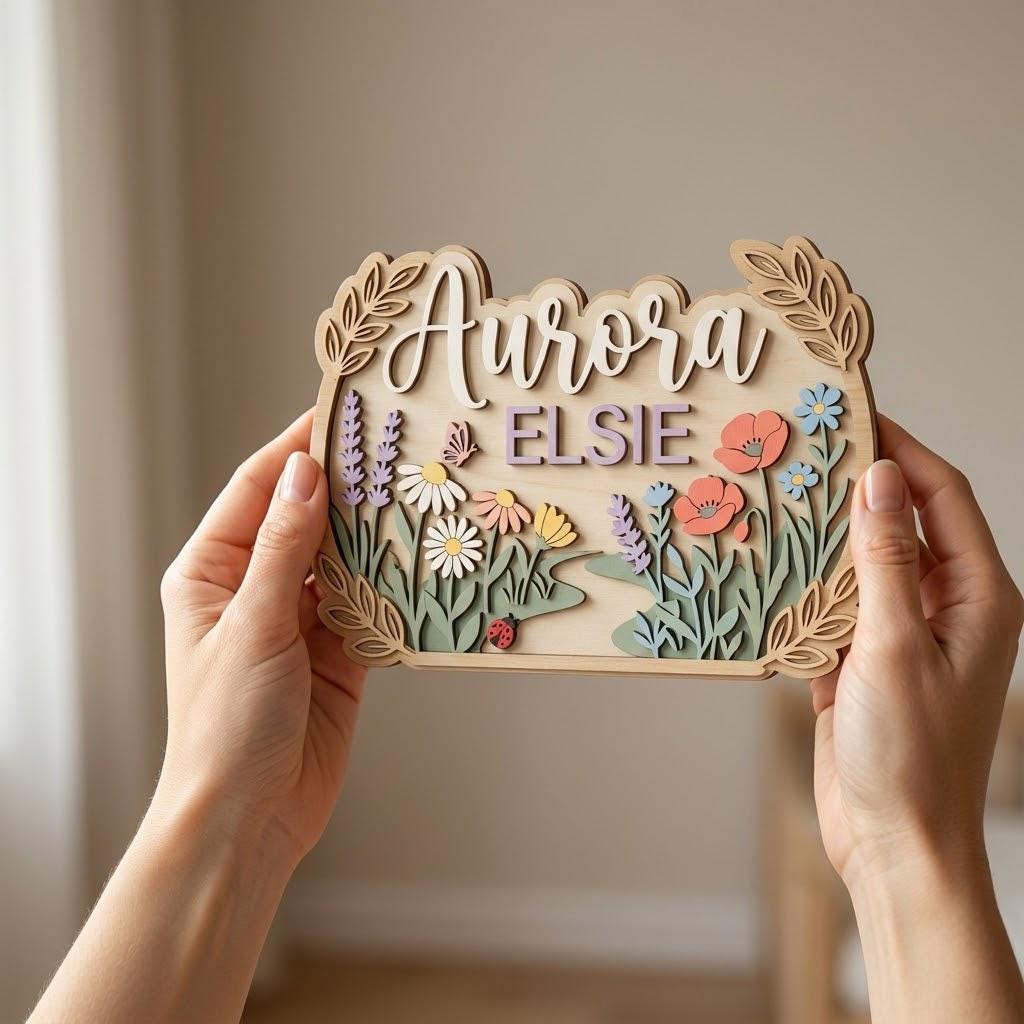 Personalized Wildflower Baby Name Sign, 3D Wooden Nursery Wall Decor, Custom Girl Door Hanger, Floral Newborn Baby Shower Gift for Baby Girl