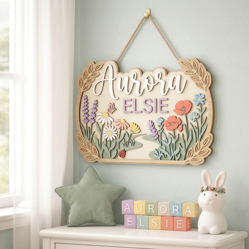 Personalized Wildflower Baby Name Sign, 3D Wooden Nursery Wall Decor, Custom Girl Door Hanger, Floral Newborn Baby Shower Gift for Baby Girl