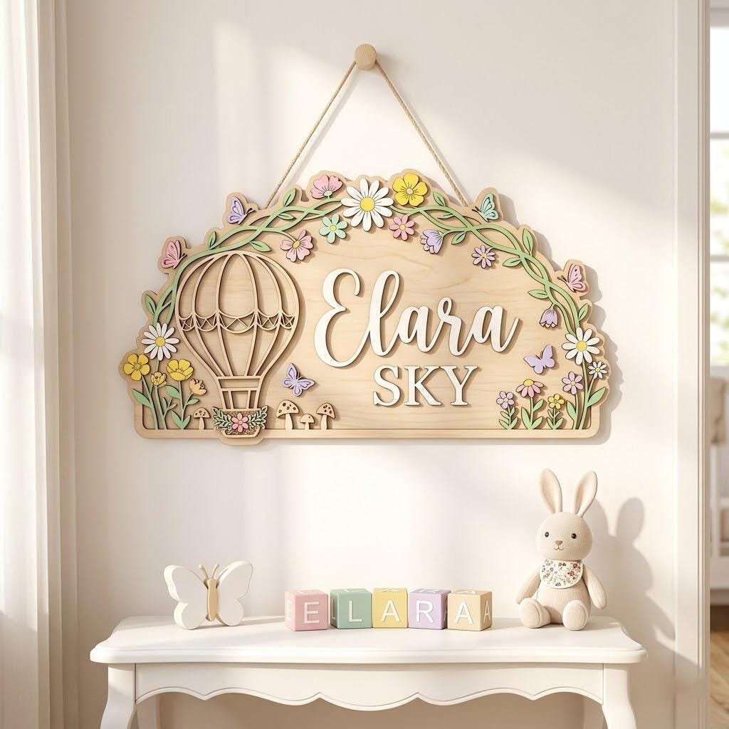 Personalized Hot Air Balloon Baby Name Sign, 3D Wooden Floral Nursery Wall Decor, Custom Girl Door Hanger, Baby Shower Gift for Nursery Room