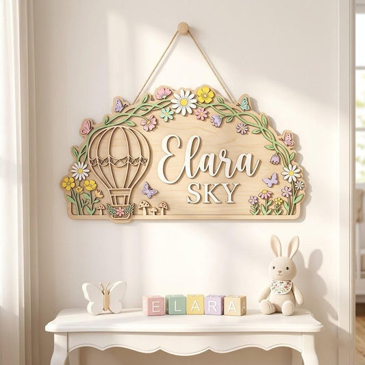 Personalized Hot Air Balloon Baby Name Sign, 3D Wooden Floral Nursery Wall Decor, Custom Girl Door Hanger, Baby Shower Gift for Nursery Room