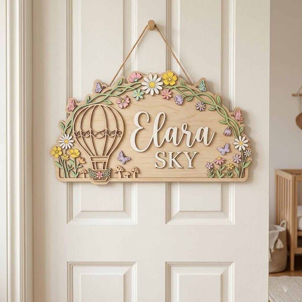 Personalized Hot Air Balloon Baby Name Sign, 3D Wooden Floral Nursery Wall Decor, Custom Girl Door Hanger, Baby Shower Gift for Nursery Room