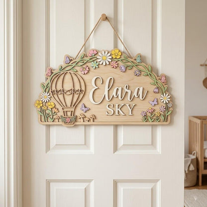 Personalized Hot Air Balloon Baby Name Sign, 3D Wooden Floral Nursery Wall Decor, Custom Girl Door Hanger, Baby Shower Gift for Nursery Room
